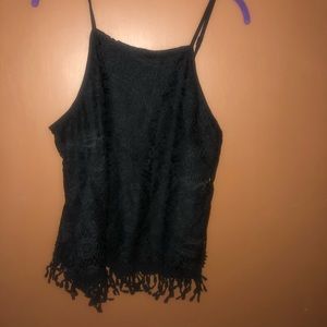 Black XL lace spaghetti strap top with fringe